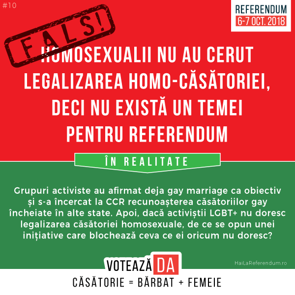 FALS: Homosexualii nu au cerut legalizarea homo-căsătoriei, deci nu există un temei pentru Referendum