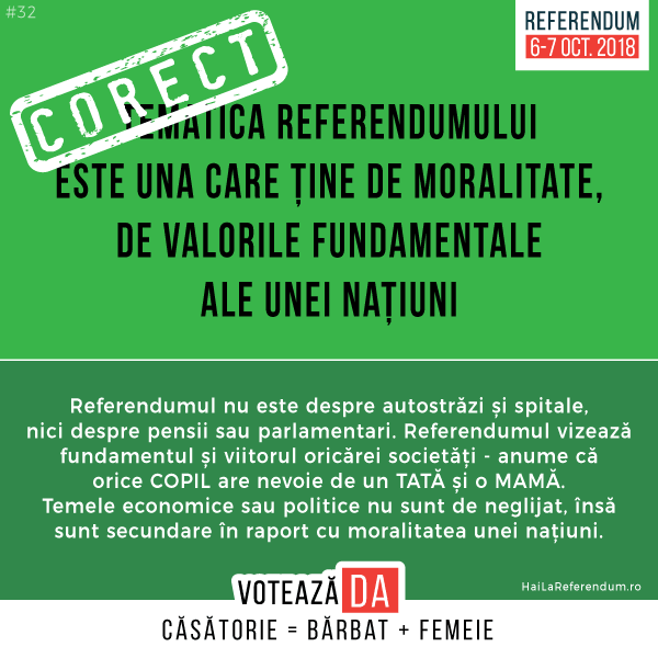 CORECT: Tematica Referendumului este una care ține de moralitate, de valorile fundamentale ale unei națiuni